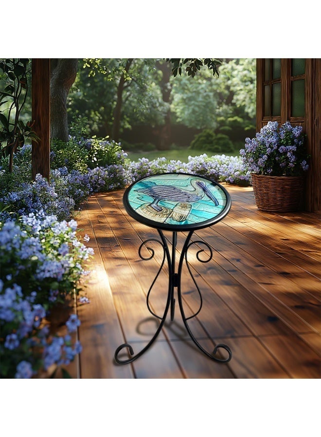 WALALLA Outdoor Side Table, Small Outdoor Table, 12 inch Round Patio Side Table End Table, Glass Plant Stand, Small Bistro Coffee Table for Garden Patio Porch Living Room (Pelicans) - Image 4